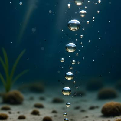 Aufsteigende Luftblasen im Wasser – ruhige KI-Unterwasserkunst als digitaler Download
