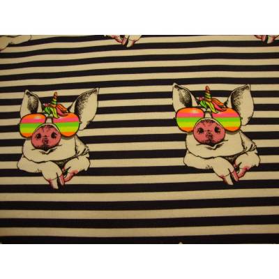 Baumwolljersey Einhorn-Schweinchen Streifen marine weiß mit Neon Brille–Meterware Jersey Stoffe nähen Geschenke Shirt  
