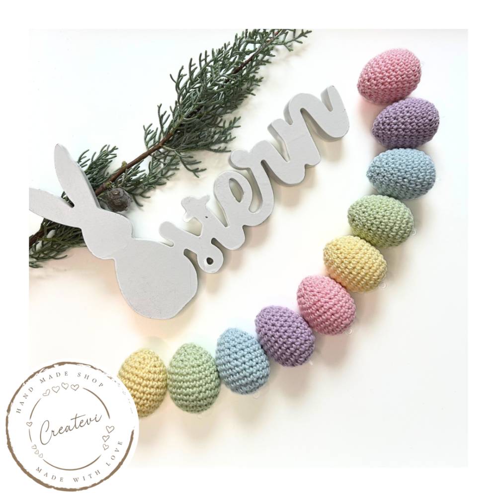 Bunte gehäkelte Ostereier Set aus Baumwolle – Frühlingszarte Regenbogenfarben Bild 3