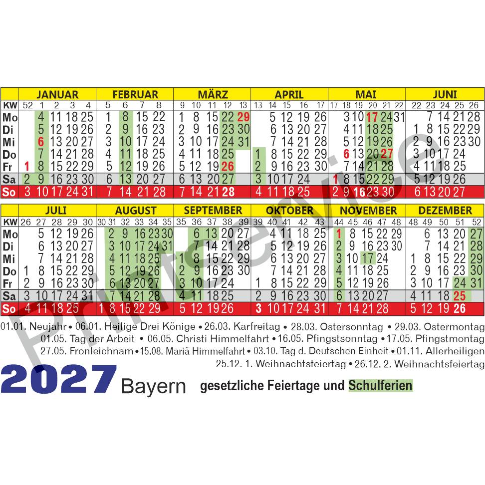 Kalender 2027 Bayern: Taschenkalender & Ferienkalender mit Feiertagen
