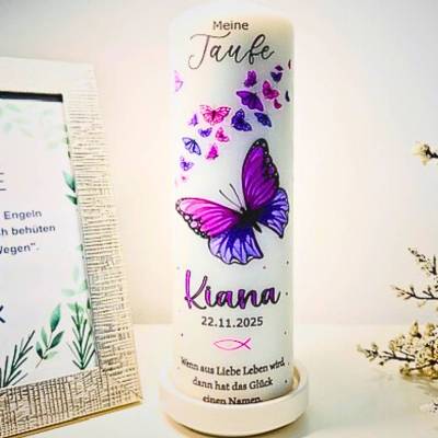 Taufkerze Schmetterling flieder,rosa personalisiert 25x8cm|Name,Datum,Taufspruch|Kerze Taufe Mädchen|Taufgeschenk