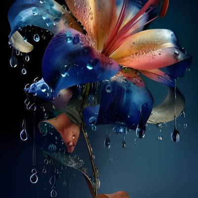 Phantasieblüte mit Wassertropfen – elegante KI-Blütenkunst als digitaler Download