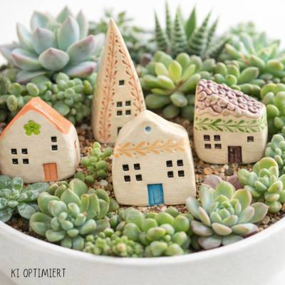 Mini Keramik Häuschen handgetöpfert – Gartendeko für Pflanzschalen, Balkon & Terrasse – verschiedene Modelle –wetterfest