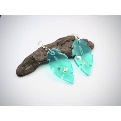 Handgemachte Hologramm-Blatt-Ohrringe aus Epoxidharz, Durchsichtig mit Goldflocken, extragroß