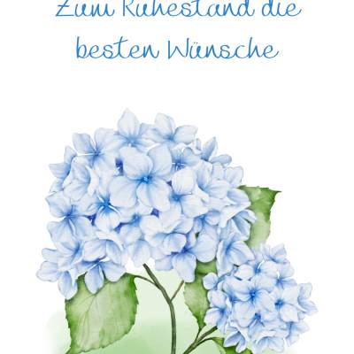 Karte zum Eintritt in den Ruhestand „Zum Ruhestand die besten Wünsche!“ – Blume grün blau