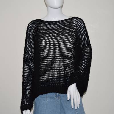 Schwarzer Mesh-Sweater – Handgehäkelt, Rippenmuster unten & an Ärmeln, Oversize