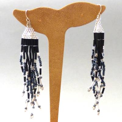 Ohrhänger, Glasperlen, schwarz anthrazit silber, Ohrschmuck, 10 cm, Glasperlen gefädelt, Ohrringe