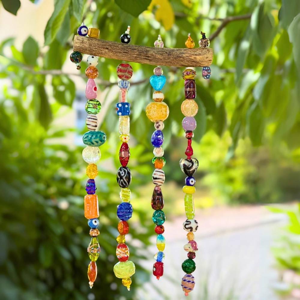 Windspiel Boho Ethno Tribal – Treibholz & Muranoglas – Handgefertigte Outdoor Garten Deko – Wetterfest