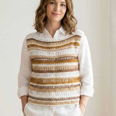 Häkel-Pullunder Baumwollmix weiß braun – Damen Slipover Unikat mit Ajour Muster