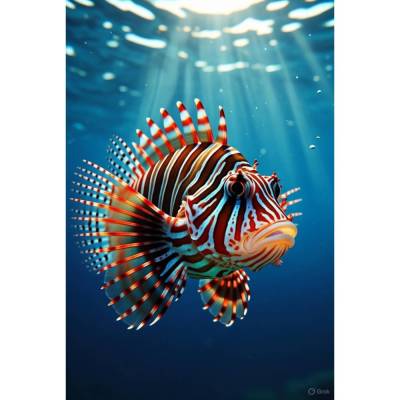 Rotfeuerfisch im Gegenlicht – dynamische KI-Unterwasserkunst als digitaler Download