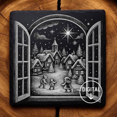 Laserdatei Winterfenster – Gravurdatei PNG für Schiefer & Holz | Bildgravur