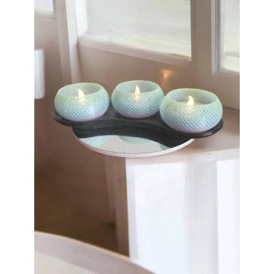 3er Set Teelichthalter auf geschwungenem Tablett | Modernes Gitter-Design | Nachhaltige Tischdeko aus Bio-Kunststoff (PL