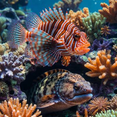 Riffszene mit Muräne und Rotfeuerfisch – faszinierende KI-Unterwasserkunst als digitaler Download