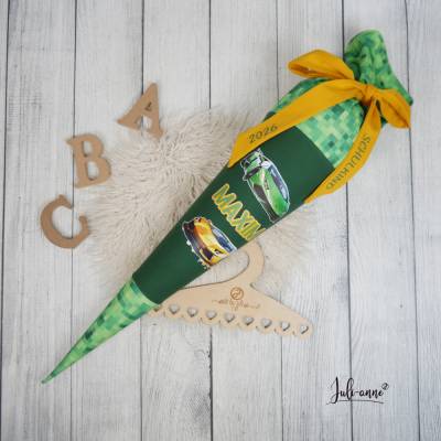 Schultüte Stoff Rennauto Lamborghini Grün Gelb 70cm 85cm   *personalisierbar und mit Kisseninlet