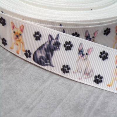 Ripsband 22 mm mit Französische Bulldogge Motiv – Weiß mit Pfoten – Meterware