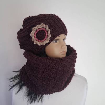 SET Strickmütze mit Schal Mütze Schlauchschal Beanie Wollmütze Schal Strickschal  Accessoires Damen Geburtstag