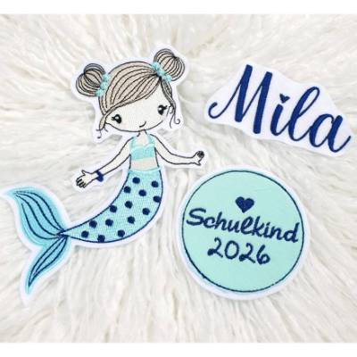 Applikation/ Patch/ Meerjungfrau/ Aufnäher/ Set 3 Teilig/ türkise gestickt Bügelbild 13cm x 16 cm
