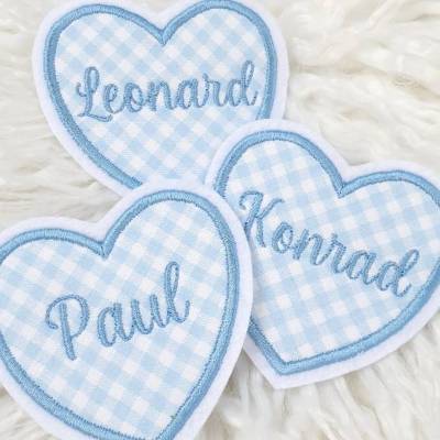Patch/Applikation/Aufnäher/Bügelbild - Herz - mit Name - Blau - Hellblau, Namensschild für Kinder, Baby