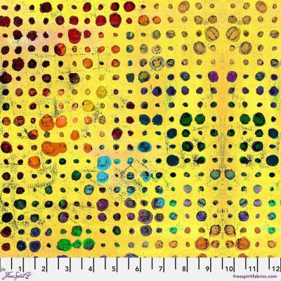Gelber Baumwollstoff mit bunten Punkten – Abstrakter Patchworkstoff von Sue Penn | Meterware 110cm breit