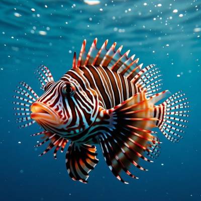 Rotfeuerfisch im klaren Wasser – ausdrucksstarke KI-Unterwasserkunst als digitaler Download