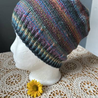 Handgestrickte Mütze aus Merinowolle bunt Farbverlauf 50-53 Kinder
