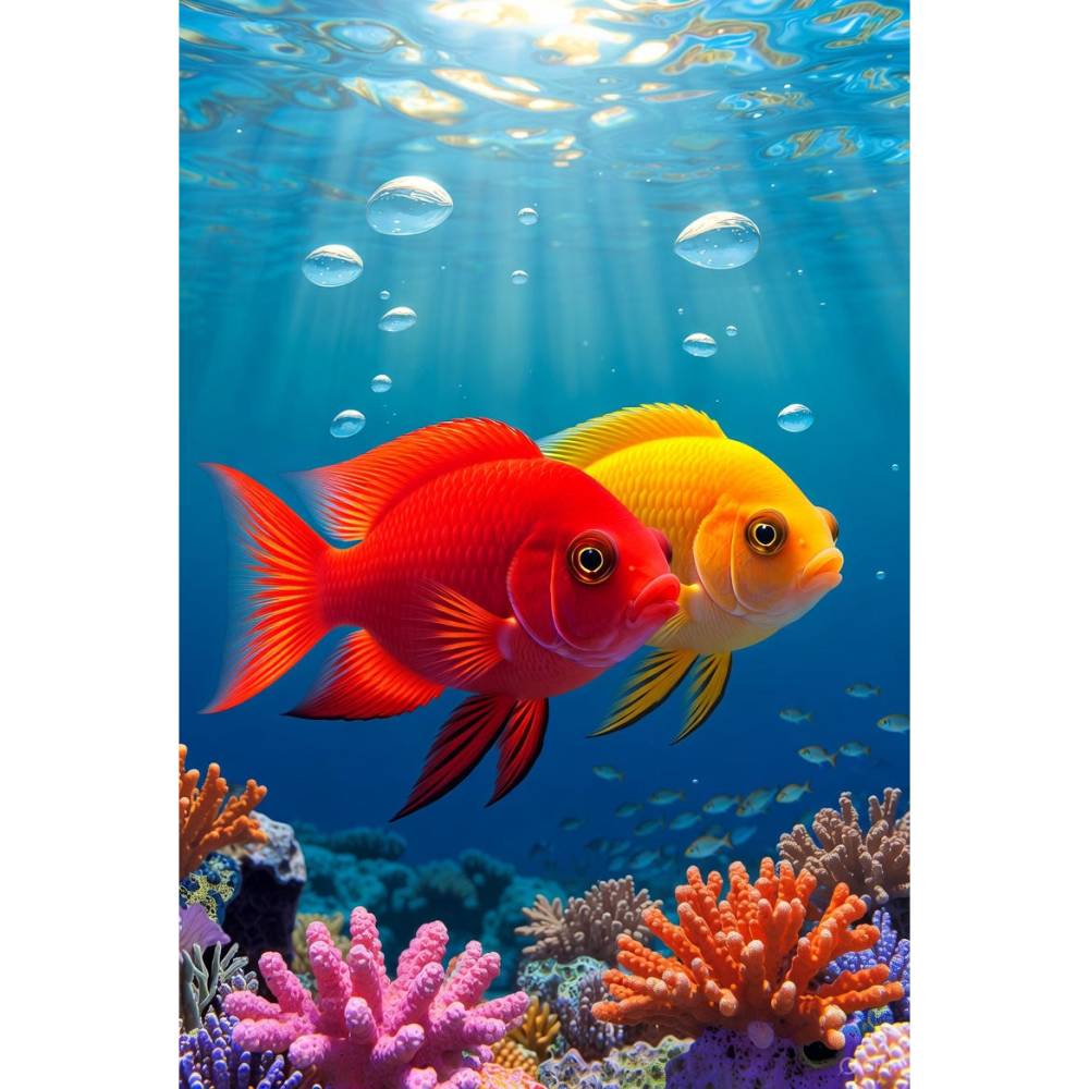 Zwei farbenfrohe Riff-Fische im Lichtspiel – lebendige KI-Unterwasserkunst als digitaler Download Bild 1