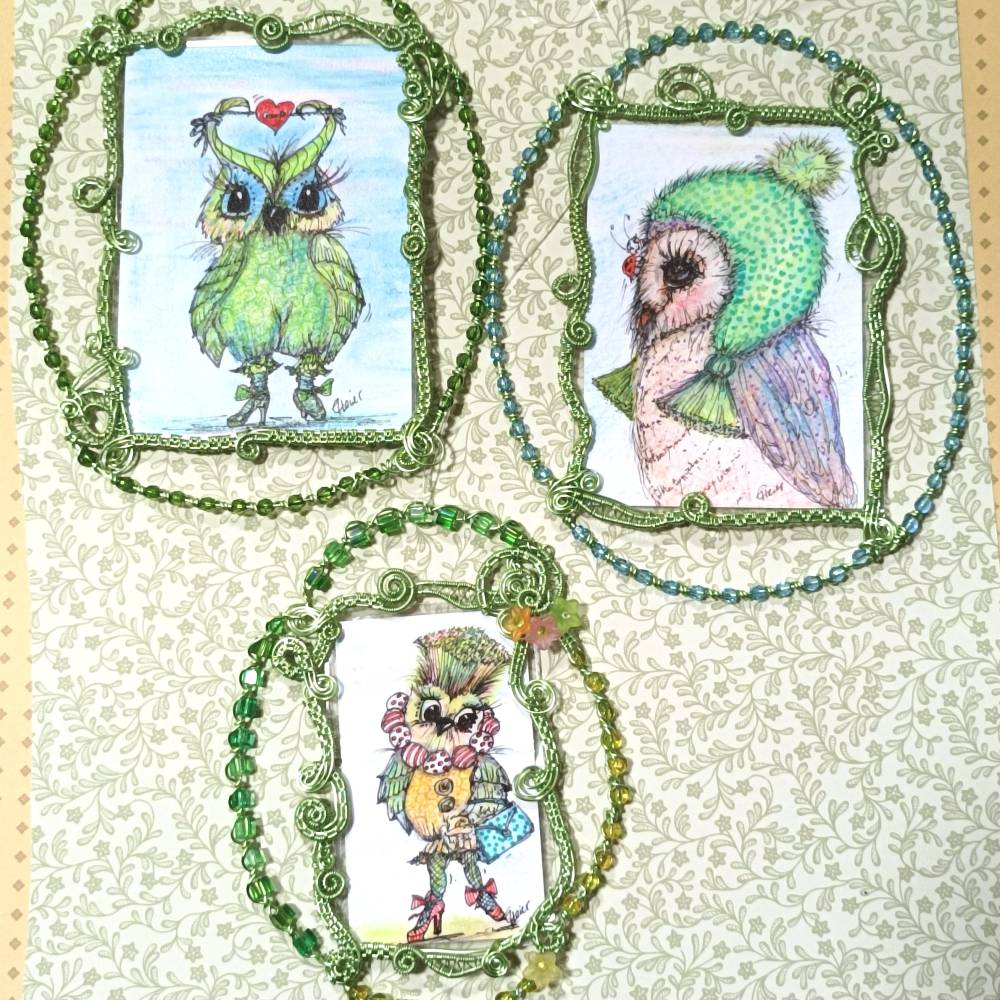 Eule mit Herz handgemalt crazy Miniatur 74 x 105 mm Aquarell handgemalt prunkvoll gerahmt wirework