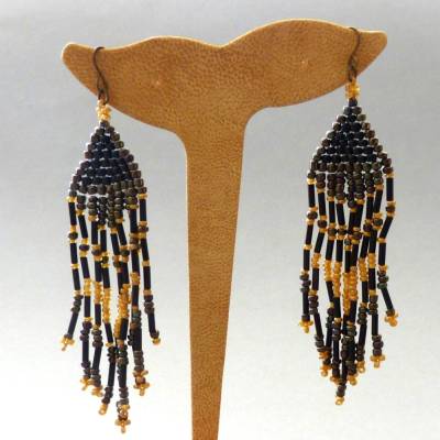 lange Ohrhänger, Glasperlen, schwarz gold, Ohrschmuck, Glasperlen gefädelt, Ohrringe
