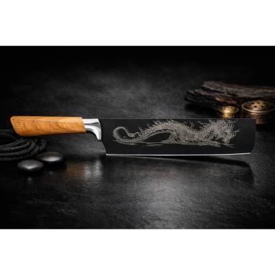 Nakiri Küchenmesser schwarz mit Drachen Gravur | Tattoo Stil | 19 cm | Geschenkidee für Koch | graviertes Küchenmesser |