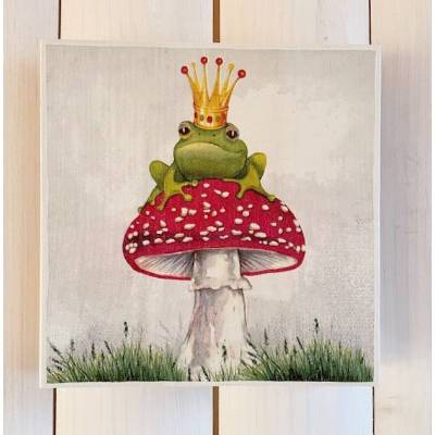 Holzbild, Froschkönig auf Fliegenpilz, zum Aufhängen oder Aufstellen