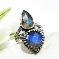 Labradorit Ring 925 Silber, Handgemachter Statement Ring, Floraler Mond Silberring, mystischer Boho Schmuck, Verstellbar