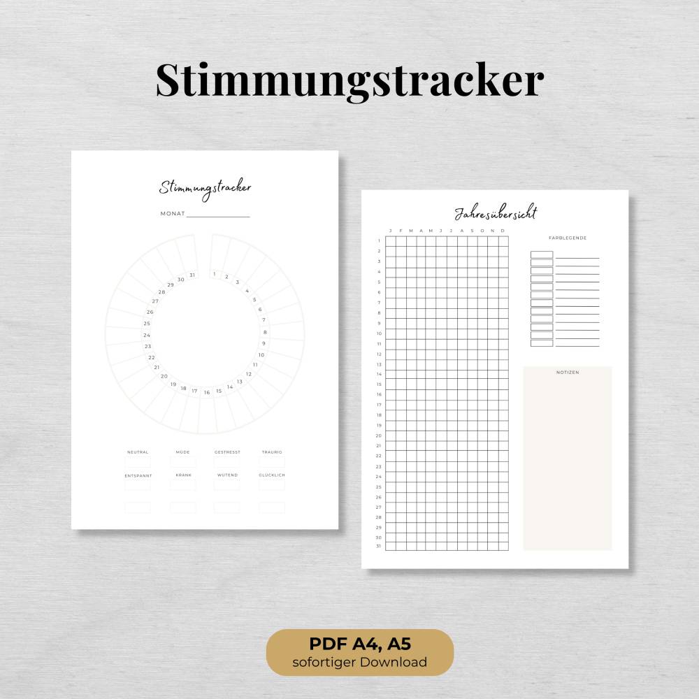 Stimmungstracker Set zum Ausdrucken mit Mood Tracker und Jahresübersicht, minimalistisch Bild 1