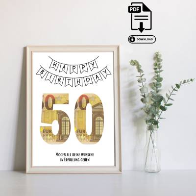 Geldgeschenk 50. Geburtstag - Modernes DIY - Last Minute Geschenk -  Handgemacht - Geldgeschenk zum Ausdrucken 