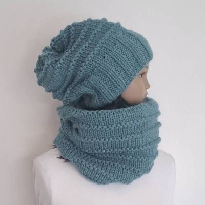 Set Strickmütze Schal Schlauchschal Strickschal Damenmütze handgestrickt türkis Geschenk Accessoires Wintermütze Beanie 
