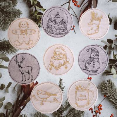 Stickdatei Weihnachten Vintage Untersetzer Mug Rug Set 986 ITH – Doodle Lineart, 8 Motive, 99mm