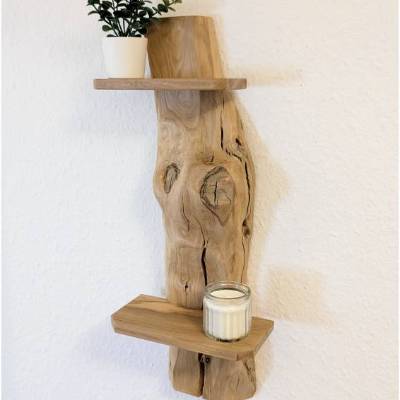 Olivenholz Wandregal rustikal (45,5 cm hoch) – mit 2 Ablagen, handgemachtes Unikat