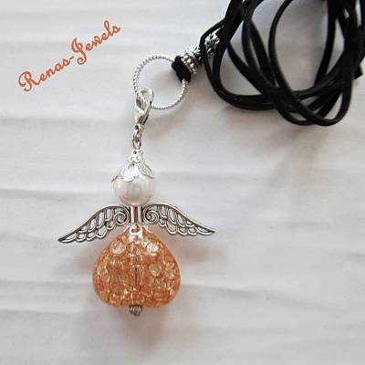 Lange Kette mit Herz Schutzengel Anhänger orange weiß schwarz silberfarben am Velourband