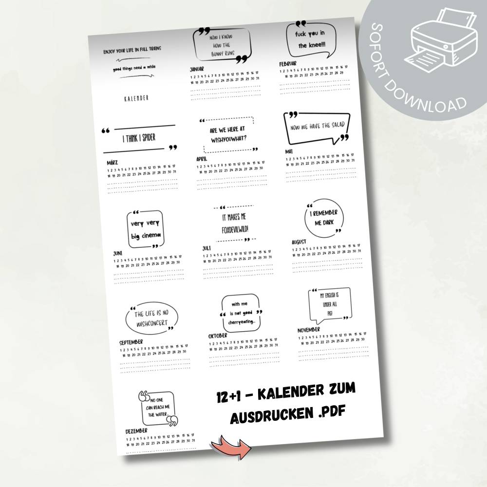Denglisch Kalender zum Ausdrucken – Immerwährender DIY Spaß als PDF Bild 2
