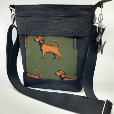 Umhängetasche/Schultertasche mit Dackel schwarz/grün