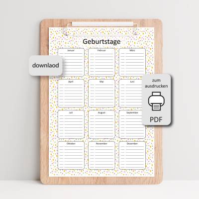 Geburtstagskalender immerwährend - Vorlage DIN A4 PDF - zum Ausdrucken - Konfetti