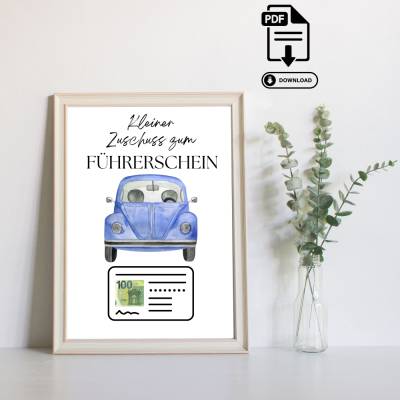 Geldgeschenk Führerschein - Modernes DIY - Last Minute Geschenk - Handgemacht - Geldgeschenk zum Ausdrucken – Sofort PDF