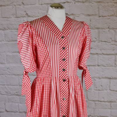 Vintage 90er Kleid M 38 Sweet Herz Trachten Midikleid Rot Weiß Streifen Karo Spitze Unterrock Dirndl
