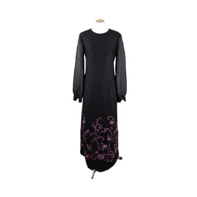 True Vintage Kleid M 38 40 Maxikleid 70er Schwarz mit Floraler Rosa Pink Glitzer Stickerei