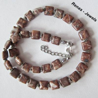 Edelstein Kette Jaspis Perlen quadratisch braun marmoriert silberfarben Collier Edelsteinkette
