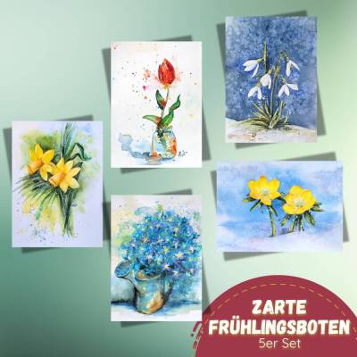 Handgemalte Frühlings-Postkarten: 5er Set Blumenmotive Aquarell – Inklusive Umschläge