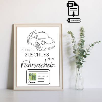 Geldgeschenk Führerschein - Modernes DIY - Last Minute Geschenk - Handgemacht - Geldgeschenk zum Ausdrucken – Sofort PDF