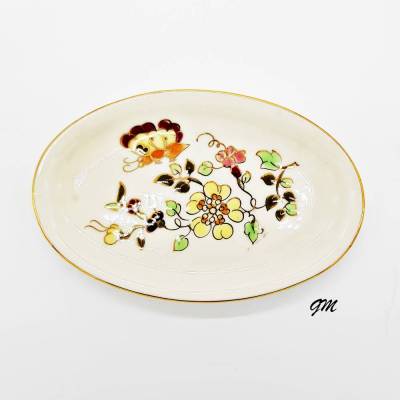 Vintage ZSOLNAY PECS Porzellan-Platte handgemalt signiert, Elfenbeinfarben, Goldrand, 14x11cm