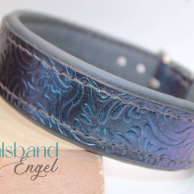 Lederhalsband für Hunde aus italienischem Leder | Grau mit Chameleon Blau-Violett | HU 39 cm (+/- 3 cm)
