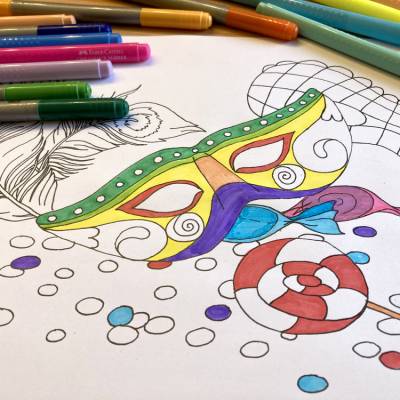 Karneval – Ausmalbild für Kinder & Erwachsene im DIN A4 Querformat