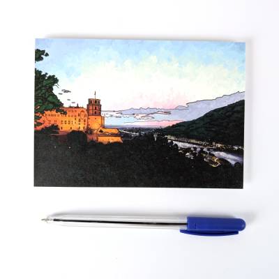 Heidelberg, Schloss bei Sonnenuntergang, Ansichtskarte mit handgemaltem Motiv - Din A6 Postkarte - Souvenir